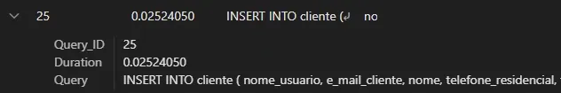 Imagem dos resultados da Query executada por INSERT direto.
