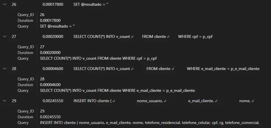 Imagem dos resultados da Query executada por Procedure.